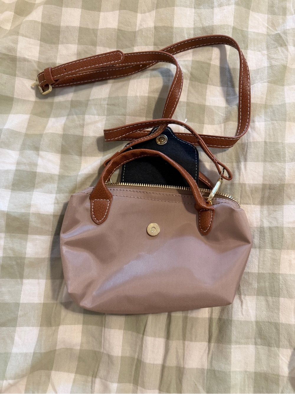 Mini Crossbody le pliage  Tote in Mauve with Brown Trim